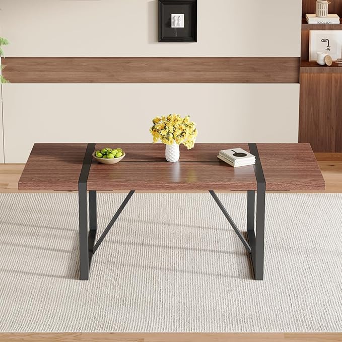 86.6" Walnut Wood Dining Table, Modern Large Rectangle Kitchen Table with Rich Wood Grain Finish, Sturdy Dining Room Table for 6-10 People, Perfect for Home, Apartment, or Office