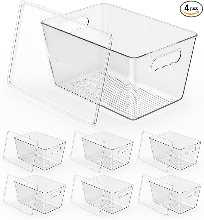 Clear Stackable Storage Bins, Pantry Organizers & Storage Containers, Cabinet Organizer, Home Organization Must Haves for Kitchen, Laundry Room, Office, Closet & Freezer (6 Pack with Lids)