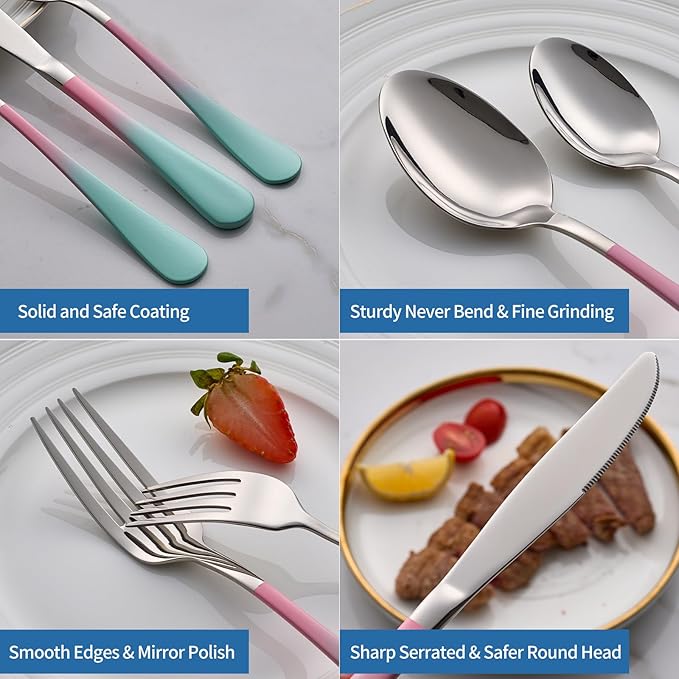 20-Piece pink & green Silverware Set,18/0 Stainless Steel Colorful Handle Flatware Set,Service for 4,Modern Cutlery Set Includes Dinner Knives Forks Spoons, Mirror Polished,Dishwasher Safe