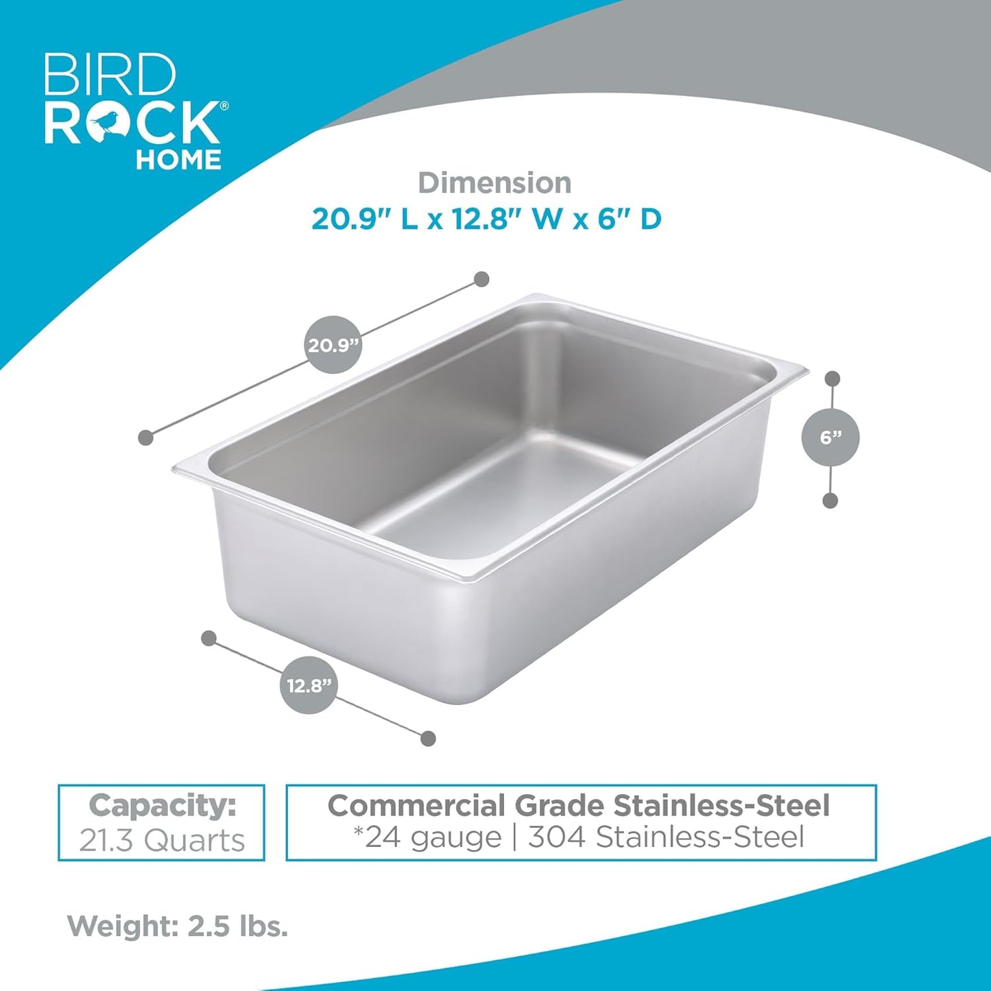 BIRDROCK HOME Stainless Steel Steam Table Pan - Hotel, Restaurant & Catering Supplies - 24 Gauge Steel, 21.3 qt Capacity - Meal Prep, Cooking, & Food Storage Container - 6" Depth, Full-Size (6 Pack)