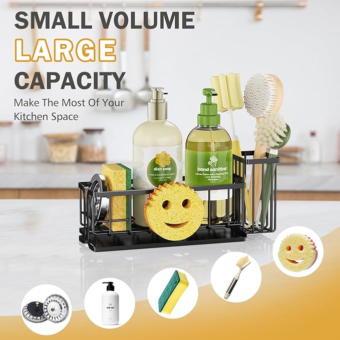 Epicano Sink Caddy Sponge Holder, Smiley Face Sponge Rack with High Brush Holder,Rustproof Kitchen Countertop Organizer,Kitchen Gadgets Sink Accessories, 9.8" x 6.3" x 4.1", Black