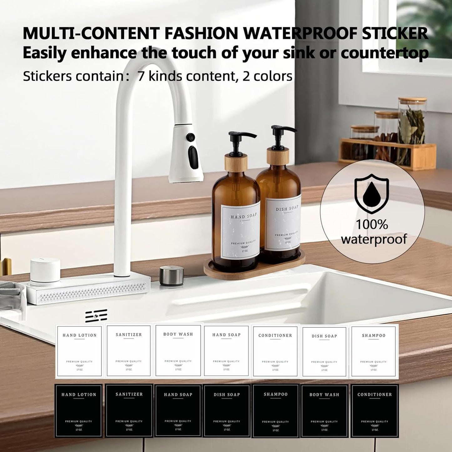 Amber Glass Soap Dispenser - Dish Hand Soap Dispenser for Kitchen Set, Soap Lotion Dispenser Bathroom with Sturdy Pump and Tray, 14 Waterproof Labels,Refillable Dispenser-Amber