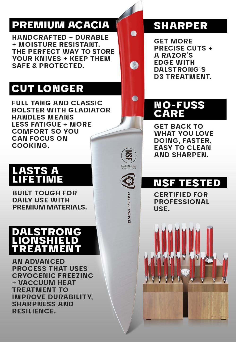 DALSTRONG Gladiator Series Elite-18pc Stainless Steel Knife Set with Block-High Carbon German Steel-Acacia Wood Block-Knife Set w/Red Handles-NSF Certified-Men's Valentines Gift