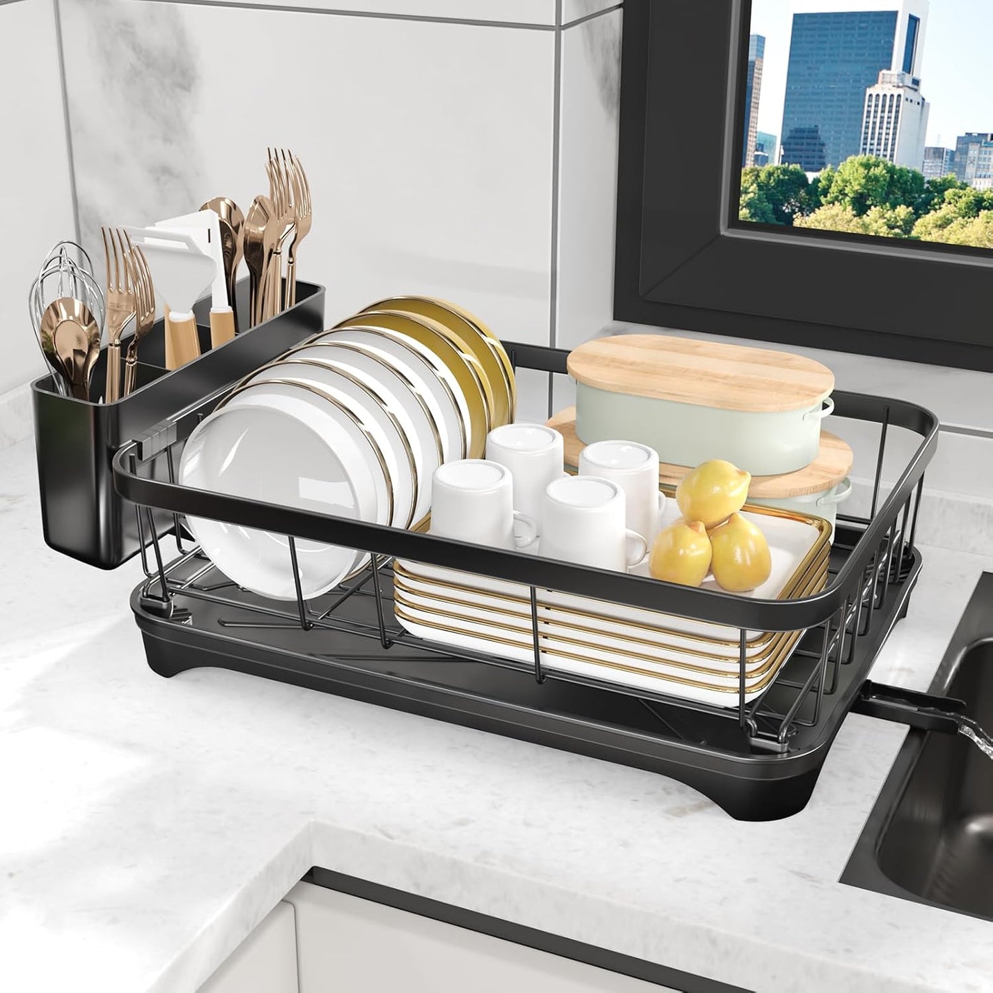 Dish Drying Rack for Kitchen Counter – Large Capacity Single Tier Dish Drainer with Utensil Holder & Cutlery Tray, Space Saving Countertop Organizer, Black