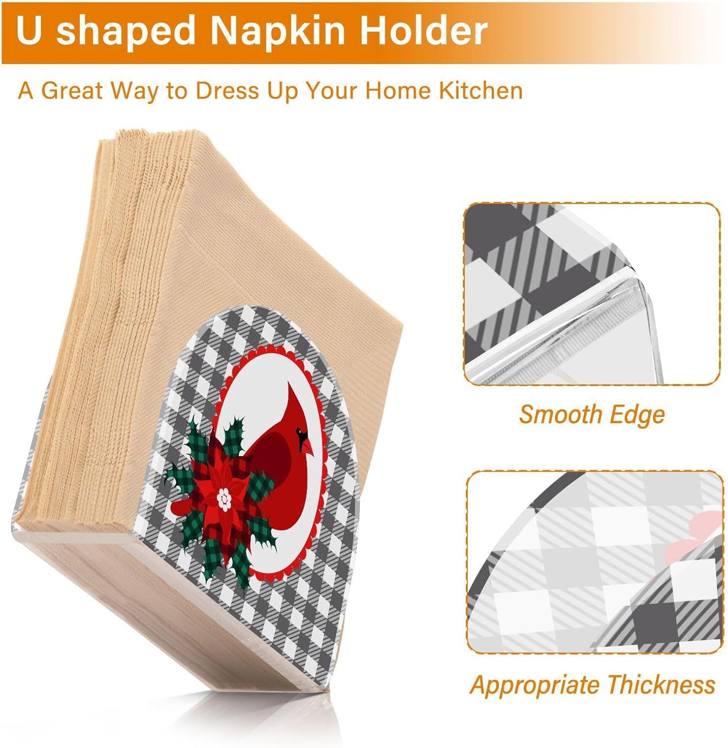 Cardinal Bird Christmas Checkered Plaid Napkin Holder for Table Paper Napkins Holder Acrylic Tissue Dispenser Kitchen Dining Room Bathroom Party Car Decor