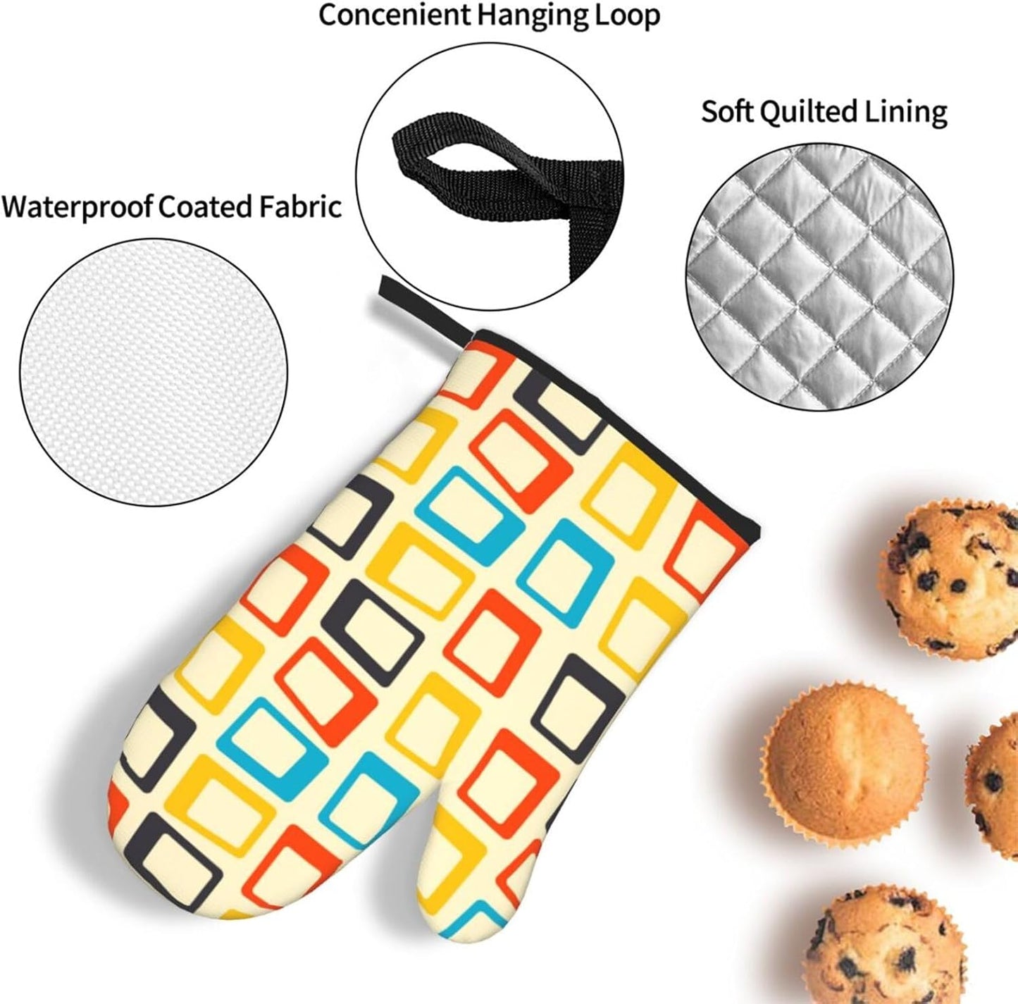 Mid Century Modern Oven Mitts and Pot Holders Sets of 3 Retro Heat Resistant Non Slip BBQ Gloves for Cooking Grilling Baking Kitchen Decor