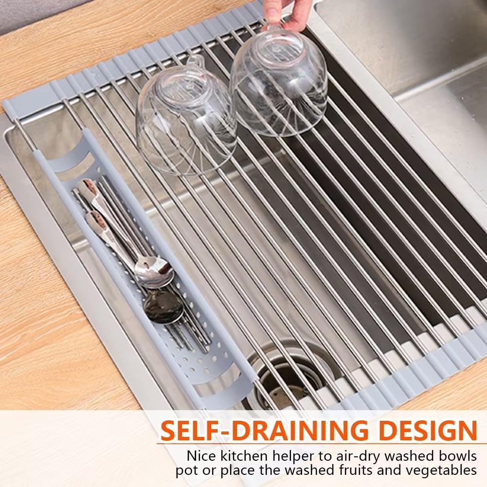 Silicone Wrapped Dish Drying Rack Above Sink, Width 20.47 inches x Length 12.99 inches, roll up Dish Drain Above Sink - Foldable (Stainless Steel)