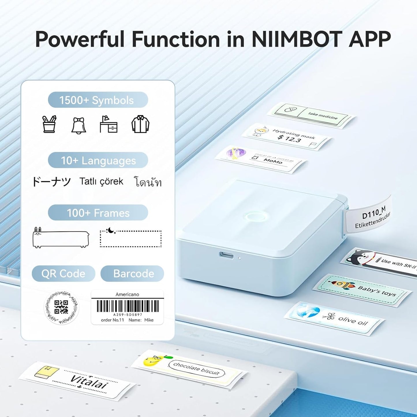 NIIMBOT D110 New Version Label Maker Machine with Tape, Handheld Bluetooth Label Printer, Mini Thermal Printer, Sticker Maker for Organizing Home Kitchen School, Blue