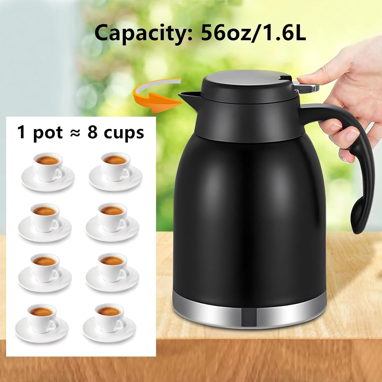 54oz 2PCS Stainless Steel Thermal Coffee Carafe Dispenser with Brush,Double Wall Vacuum Flask 1.6L Water Tea Pot Beverage Pitcher for Cold Drinks in Summer (Matte Black,2Pack)