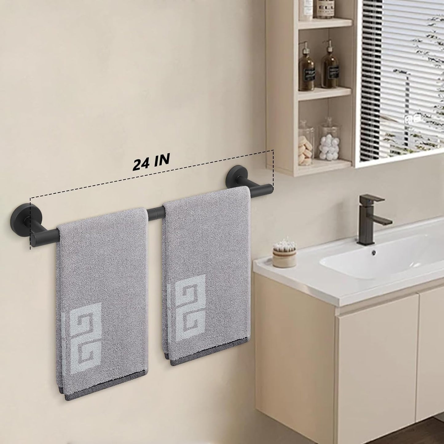 NearMoon Bath Towel Bar, Bath Accessories Thicken Stainless Steel Shower Towel Rack for Bathroom, Towel Holder Wall Mounted (2 Pack, Matte Black, 24 Inch)