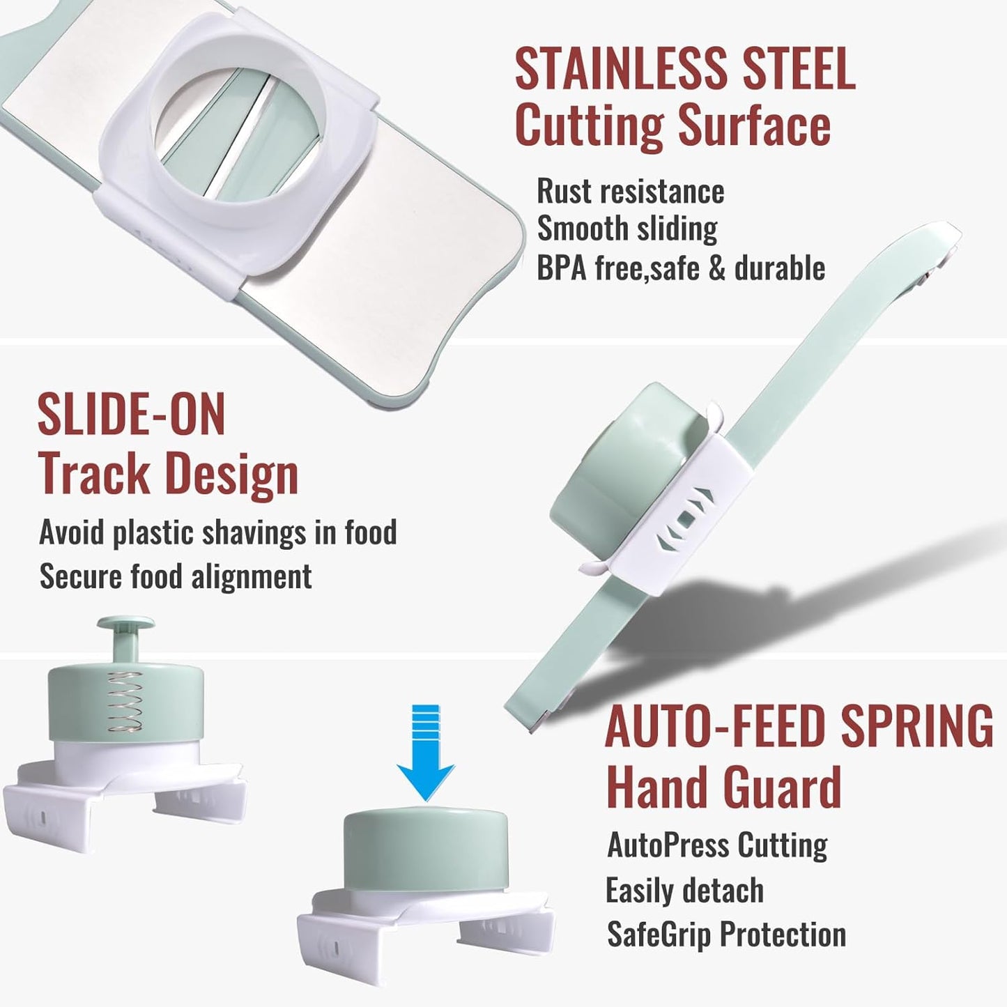 6-Blade Mandoline Slicer with Slide-On Hand Guard - Vegetable Slicer, Potato/Onion/Garlic Slicer, Kitchen Grater(Multi-Color) (Seafoam green, 6-in-1)