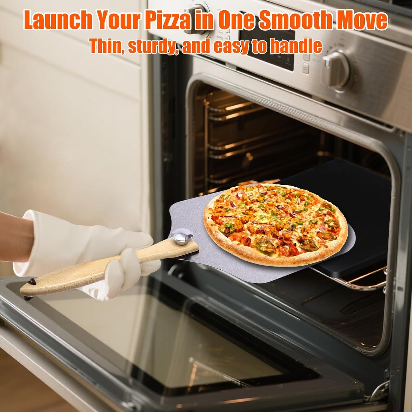 Hisencn Pizza Steel for Oven & Grill – 16"x13.4" Ceramic Baking Steel Pizza Stone Set with Pizza Peel, Cutter & Dough Scraper – High Conductivity for Crispy Crust, Indoor & Outdoor Use