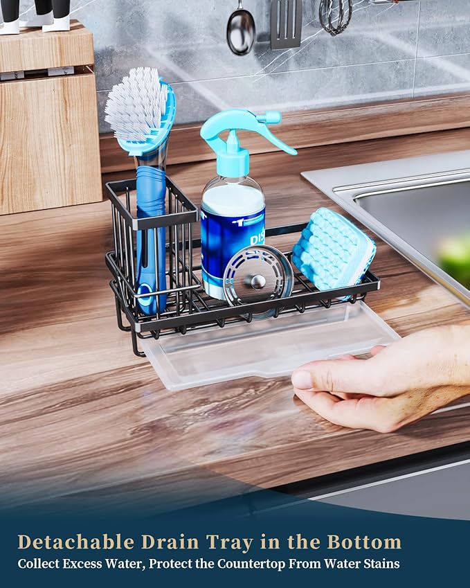 Consumest Sponge Holder for Kitchen Sink - Kitchen Sink Caddy Organizer with Removable Drip Tray for Countertop Dish Soap Dispenser Brush Storage Accessories 304 Stainless Steel - Black