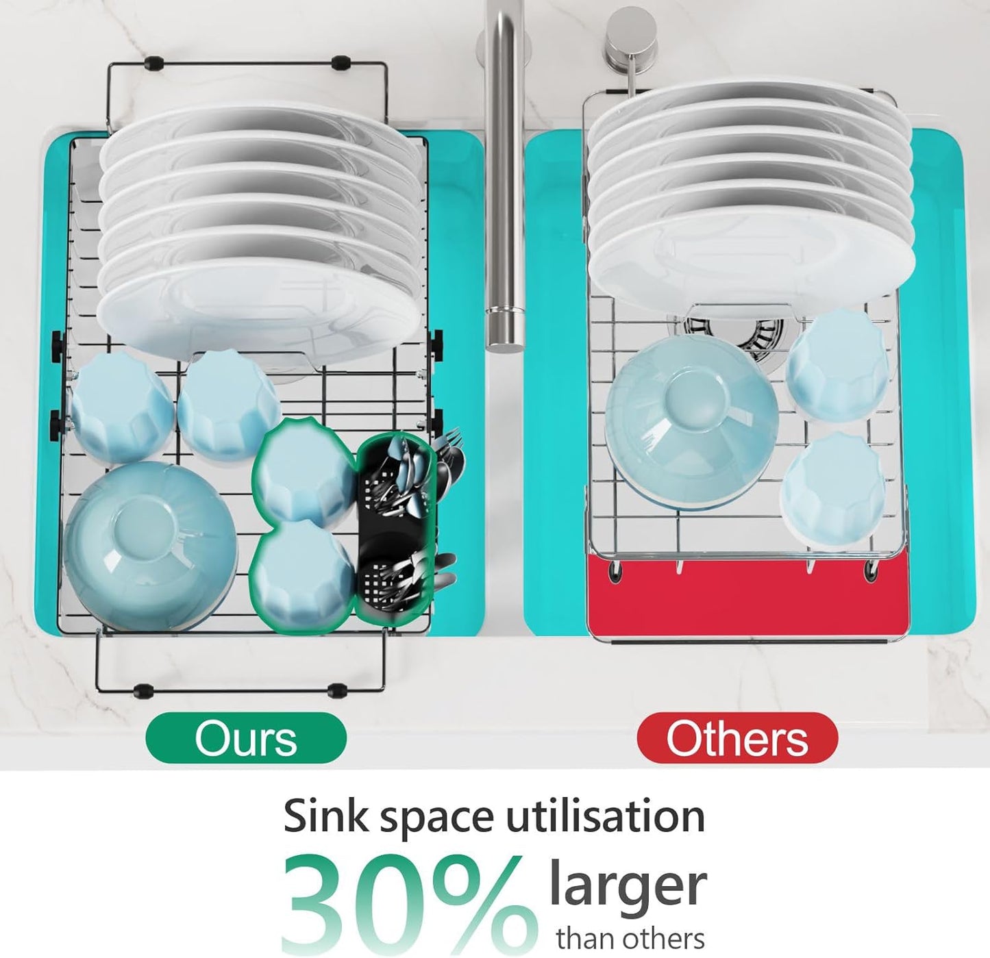 GSlife Stainless Steel Dish Drying Rack - Capacity Expandable in Sink Dish Drainer with Silicone Mat, Over Sink Dish Rack with Utensil Holder for Kitchen Counter, 10.8"-17.9" L x 12.8" W, Silver