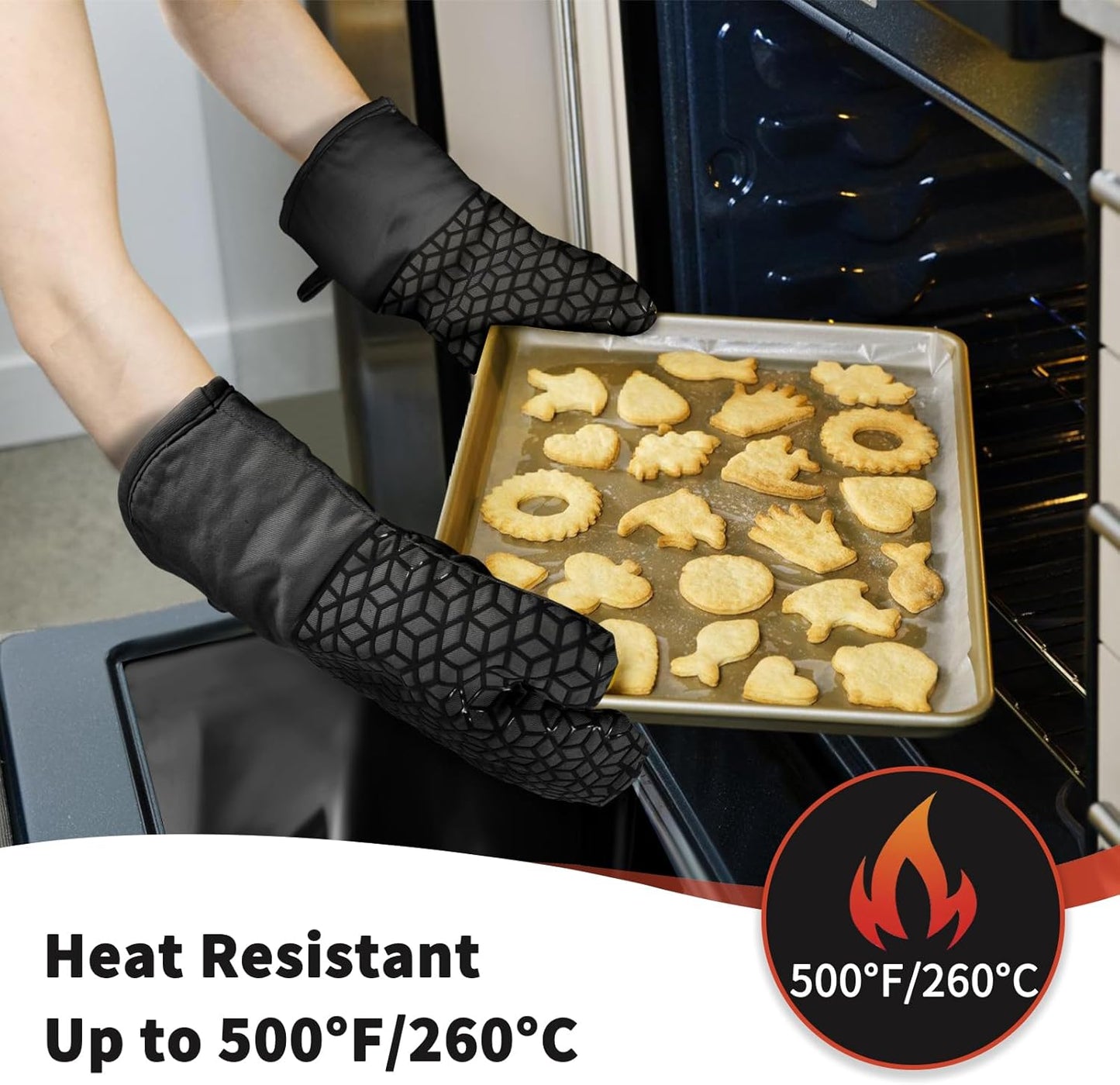 Oven Mitts and Pot Holders,500 ℉ Heat Resistant Oven Mitts Sets,Silicone Oven Gloves, Non-Slip Silicone Textured Grip,Black