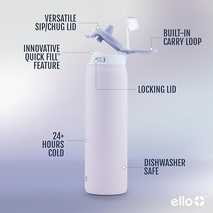 Ello Pop & Fill Stainless Steel Water Bottle with Quick Fill Technology, Double Walled Vacuum Insulated Metal, Leak Proof Locking Lid, Sip & Chug, BPA Free, Holiday Gift for Him Her, 22oz, 32oz, 40oz