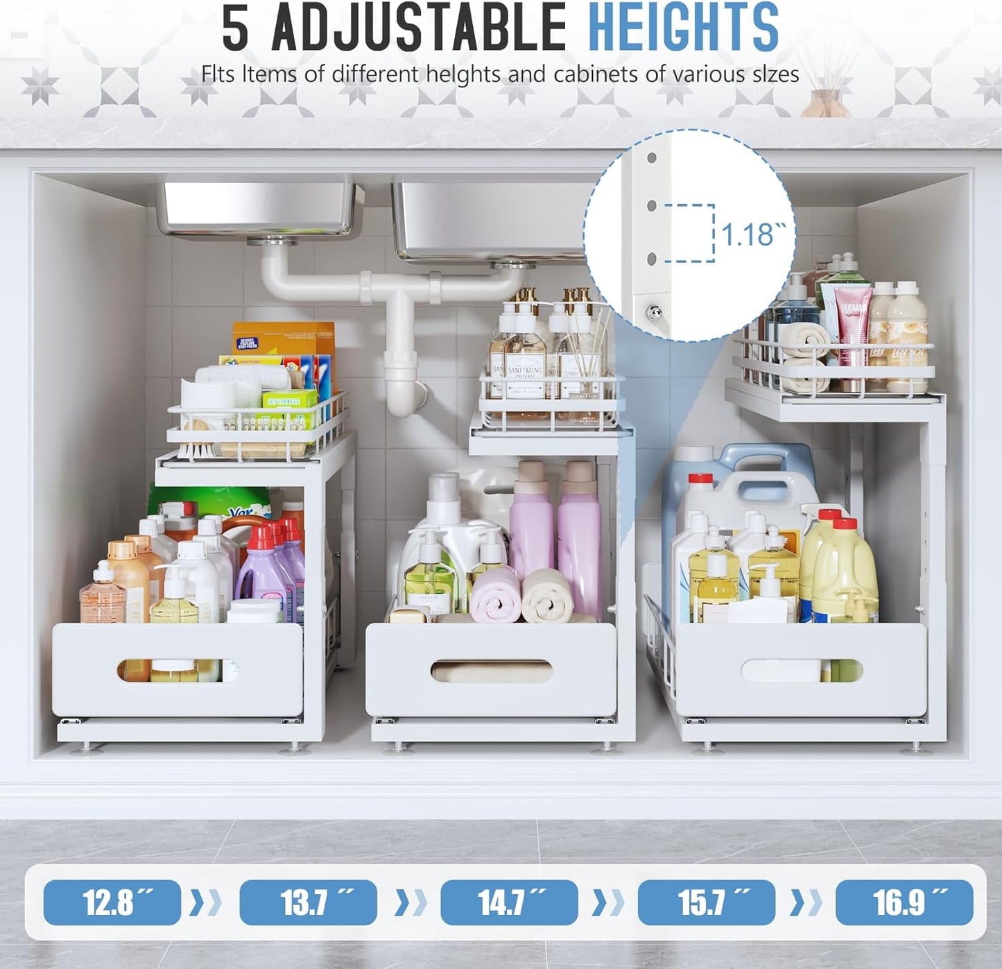 2 Pack 18 IN Depth Under Sink Organizer with Smooth Ball Bearing Slides,2-Tier Pull Out Cabinet Storage,Slide Out Drawers for Bathroom&Kitchen,Rust-resistant Coating,Height Adjustable-White