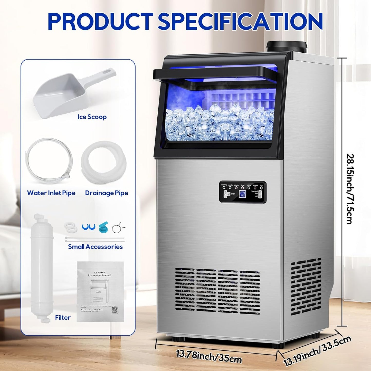 Commercial Ice Maker Machine, 110Lbs/24H, 30Lbs Storage, 36Pcs Clear Ice Cubes in 10-15Mins, Stainless Steel Under Counter or Freestanding Ice Machine - 2 Water Inlet Modes, for Home Party Office