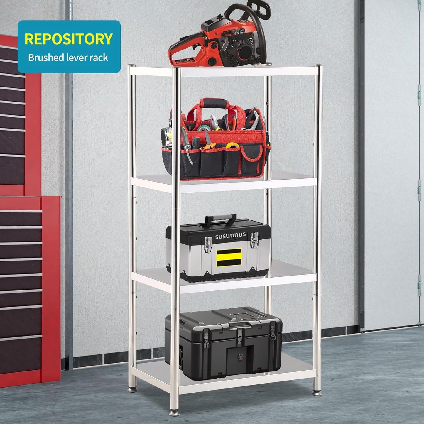 susunnus 4-Tier Stainless Steel Shelf, Heavy Duty Shelving for Kitchen, Garage, Industrial Storage, Kitchen Shelves Adjustable Feet, Easy to Clean(24.8in*15,8in Without Guardrails)