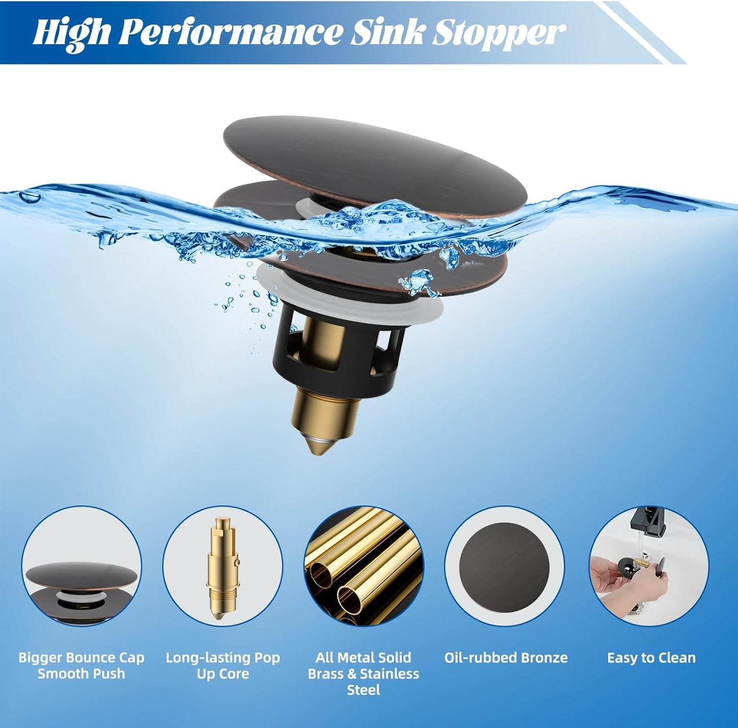 Hibbent All Metal 2 in 1 Bathroom Sink Stopper, Universal Pop Up Drain Strainer, Brass Bullet Core Push Type Stopper for 1.1''~2.3'' Basin, Big Push Button, Anti Clogging Filter, Oil-Rubbed Bronze