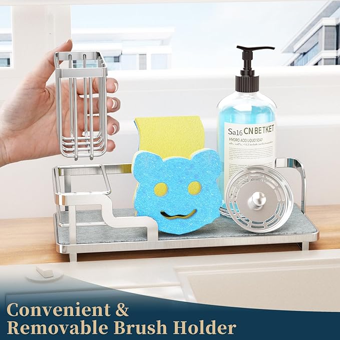 Consumest Sponge Holder for Kitchen Sink - Sink Caddy Organizer with Water Absorbing Stone Tray, Detachable Brush Holder, Stainless Steel Kitchen Counter Organizer Rack, Silver