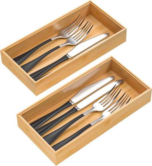 Silverware Tray for Drawer, Stackable Kitchen Bamboo Drawer Organizer 12" x 6" x 2" Set of 2
