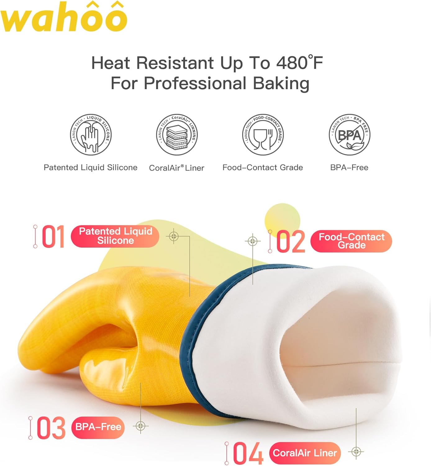 wahoo Professional Liquid Silicone Oven Mitts Gloves, Heat Resistant Gloves for Cooking, Baking, CoralAir Liner, 12 Inch, Yellow, Medium