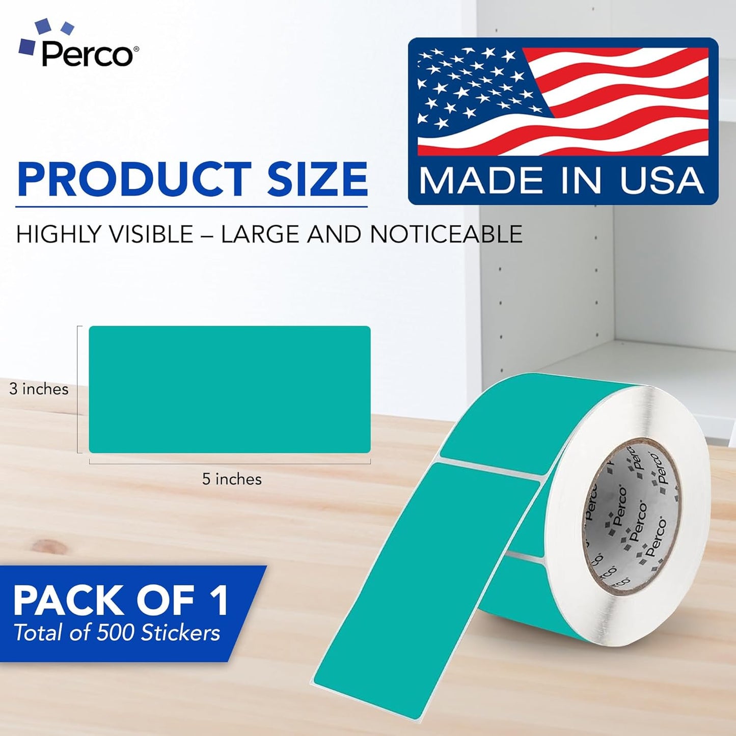 Perco Teal Labels 3x5 Inch 500 Stickers/Roll with Easy Peel Perforation and Strong Adhesion for Inventory Management, Color Coding, Moving Boxes, Retail, Organizing & Crafts – Made in USA