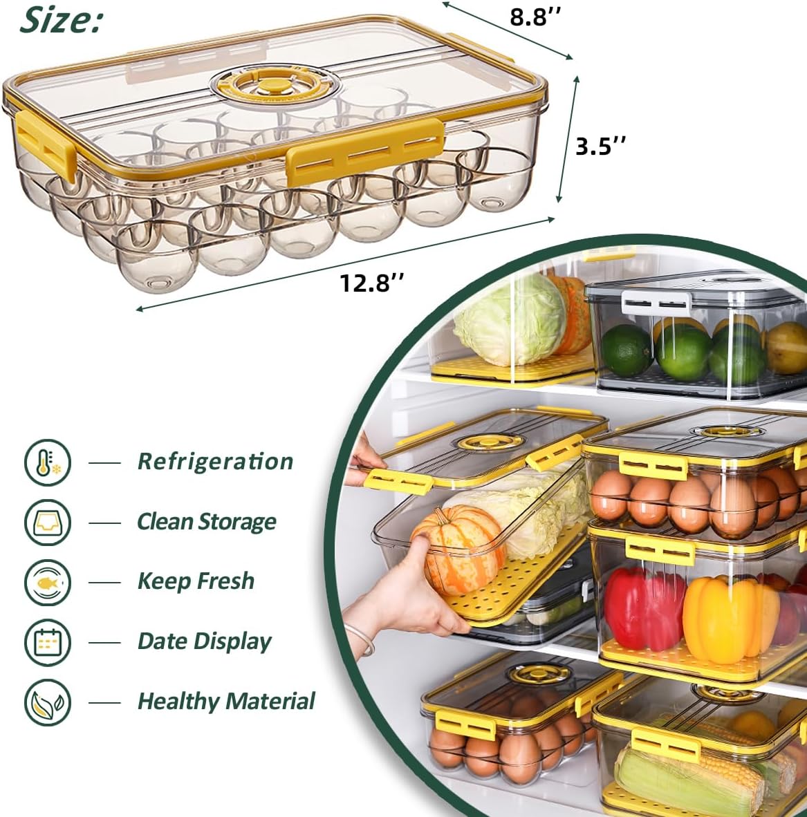 CottonColors Egg Holder for Fridge - 24 Egg Plastic Refrigerator Organizer - Stackable Storage With Lids