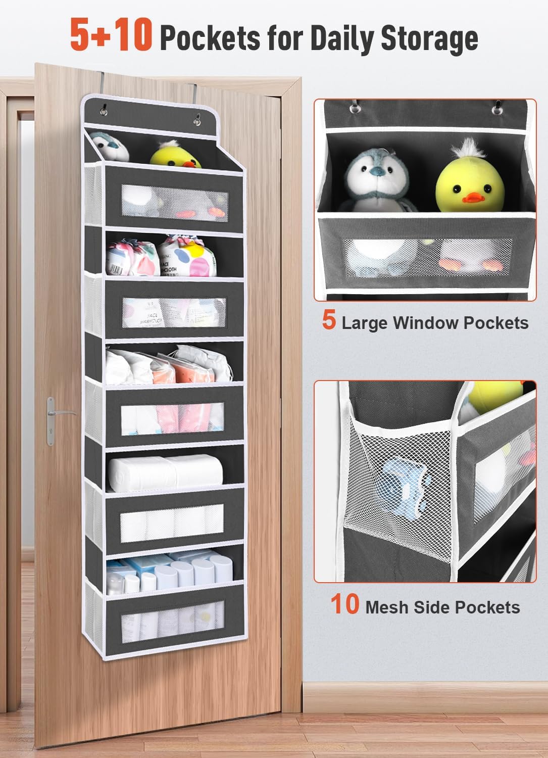Upgrade Pocket Over The Door Organizer Storage, 5 Shelf Hanging Door Organizers with 10 Large Capacity Pockets, Anti Tilt 48 lb Load Behind Door Organizer for Bedroom, Bathroom, Pantry
