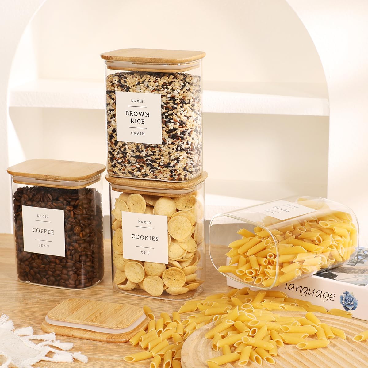 4 Pack Square Glass Pantry Storage Containers with 132 Kitchen Food Pantry Labels - 34 floz Clear Glass Pantry Jars with Airtight Wood Bamboo Lids - Glass Canisters for Tea, Cereal, Coffee, Spice