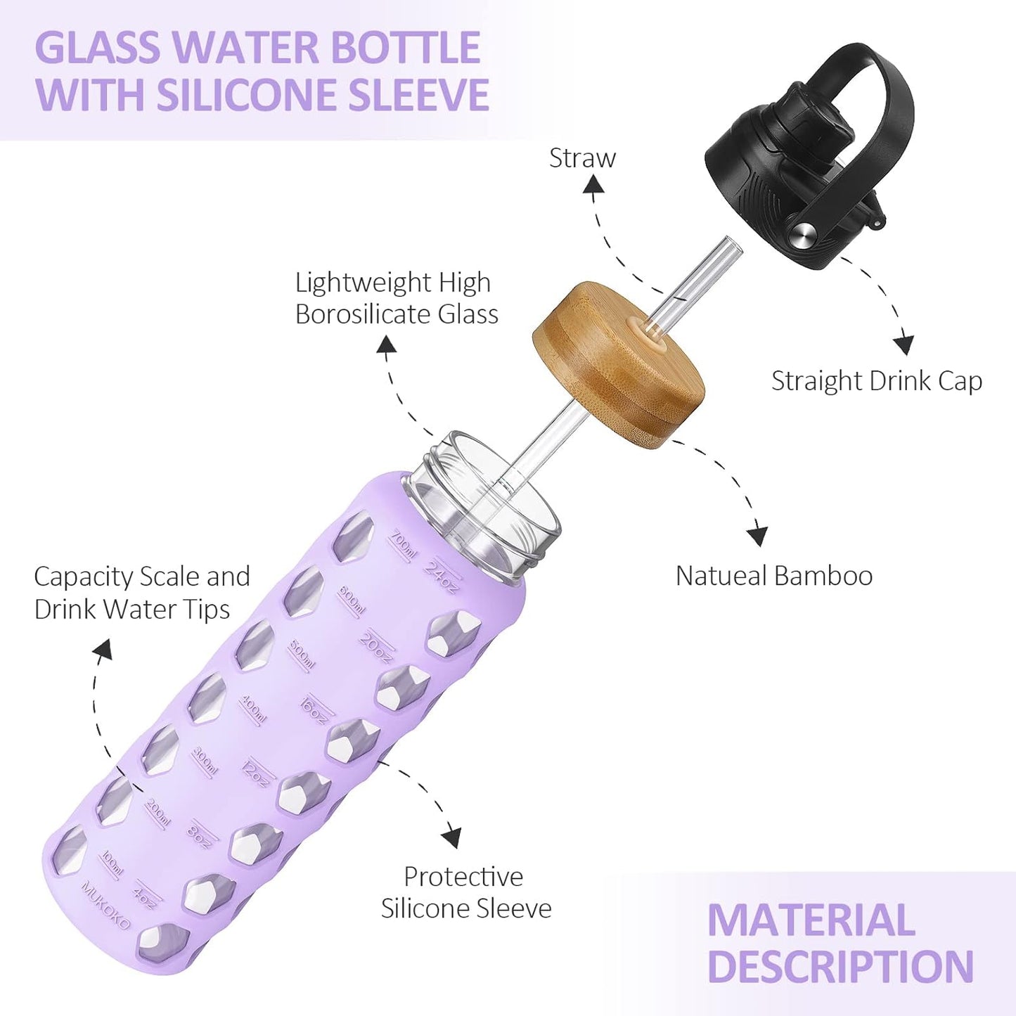 MUKOKO 24oz Glass Water Bottle with 2 Lids-Handle Flip Lid&Bamboo Straw Lid,Motivational Water Tumbler with Time Marker Reminder and Silicone Sleeve, Leakproof-Purple