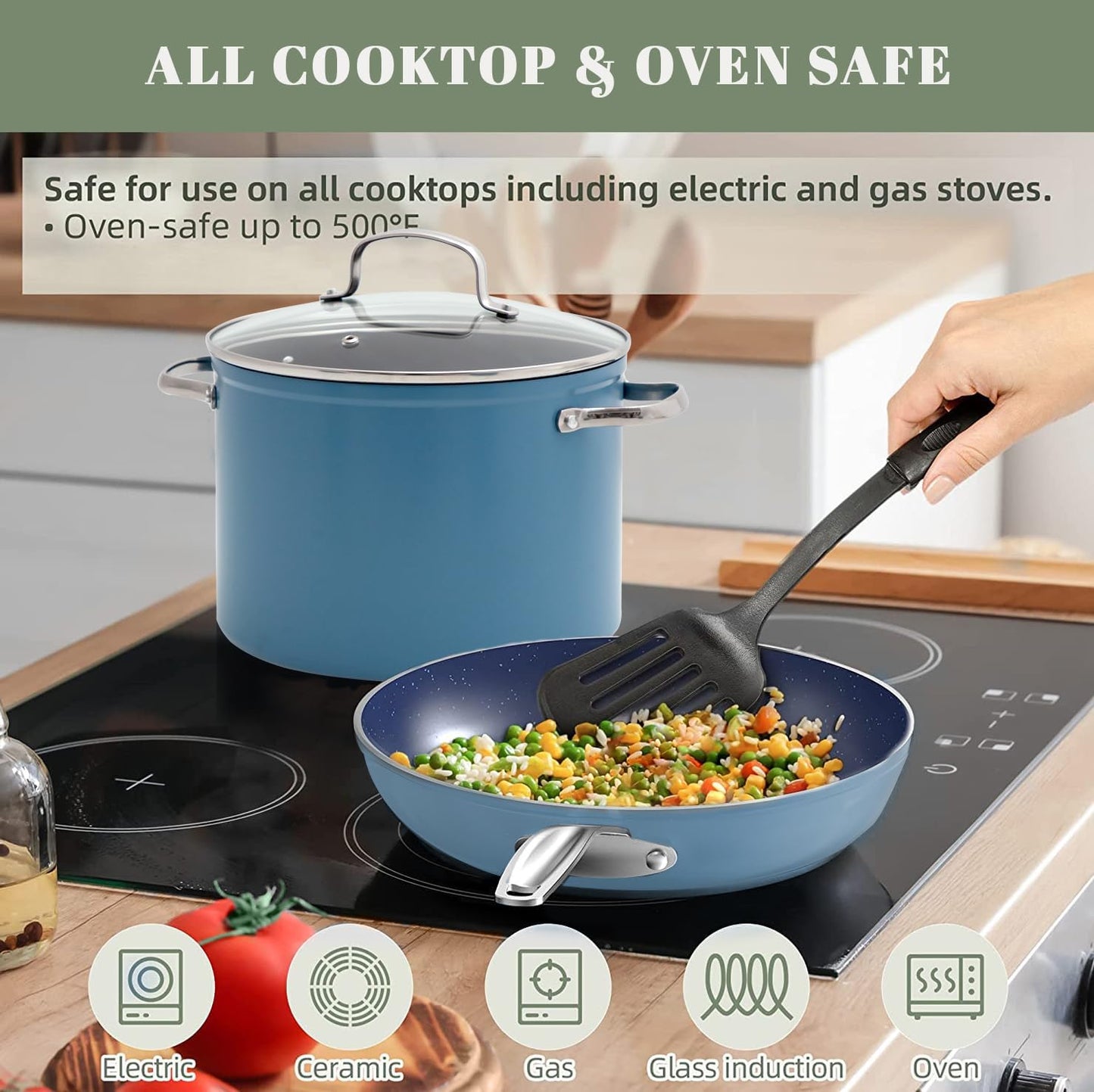 Nuwave Healthy Duralon Blue Ceramic Nonstick Coated 9pc Cookware Set, Scratch-Resistant Diamond Infused, PFAS Free, Induction Ready & Evenly Heats, Oven Safe, Tempered Glass Lids