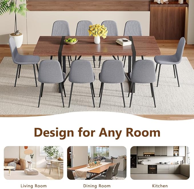 86.6" Dining Table Set for 10, Modern 11 Piece Wood Kitchen Table and Chairs Set, Large Rectangle Dining Table with 10 Linen Fabric Upholstered Chairs, Perfect for Family Gatherings and Dining Room
