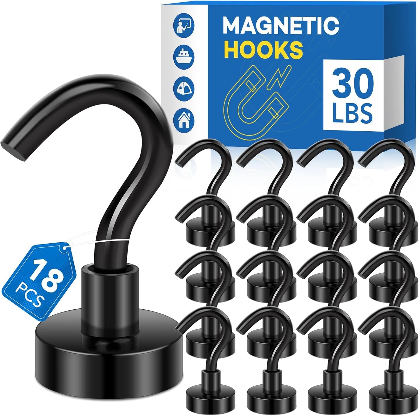 LOVIMAG Magnetic Hooks，30Lbs Black Magnet Hooks for Cruise Cabin, Magnetic Hooks for Hanging, Fridge, Classroom, Refrigerator, Ceiling, Office, Kitchen. Grill, Garage-18Pack