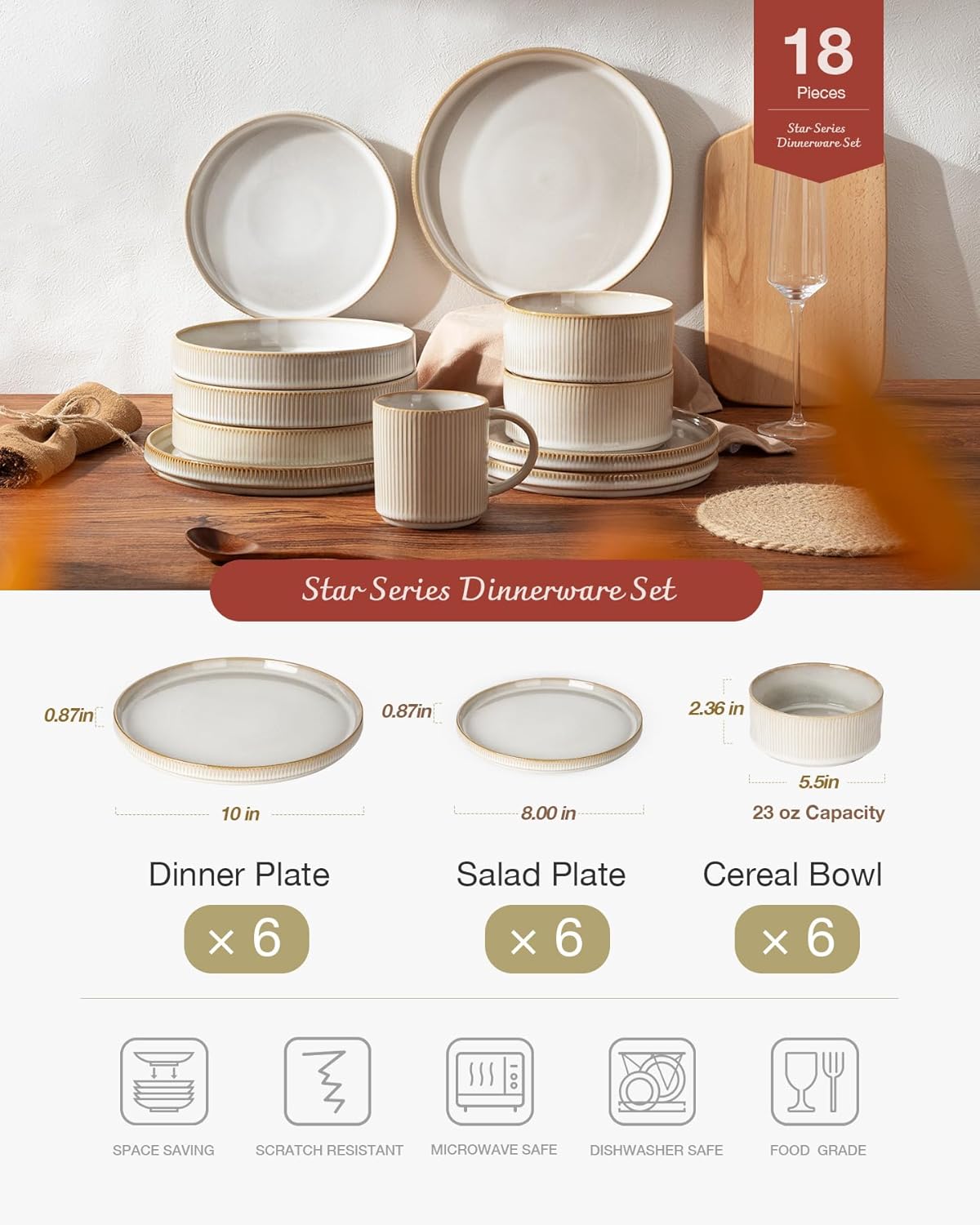 Famiware Star Plates and Bowls Sets, Modern Stoneware Dinnerware Sets for 6, 18-Piece Kitchen Dish Set - Chip and Scratch Resistant, Microwave and Dishwasher Safe Tableware, Cappuccino White