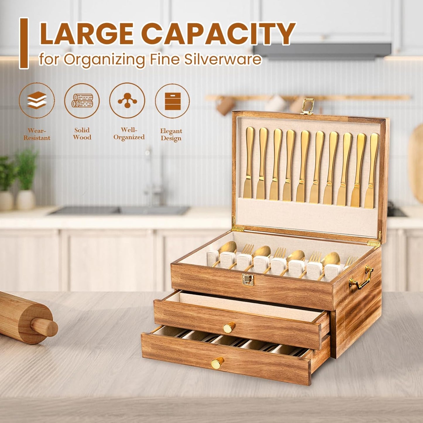 Silverware Storage Box, 3-Layer Flatware Storage Case with Drawer, Wooden Silverware Chest with Handle and Linen Liner, Rustic Silverware Case for Storing Fine Flatware and Utensils (Brown)