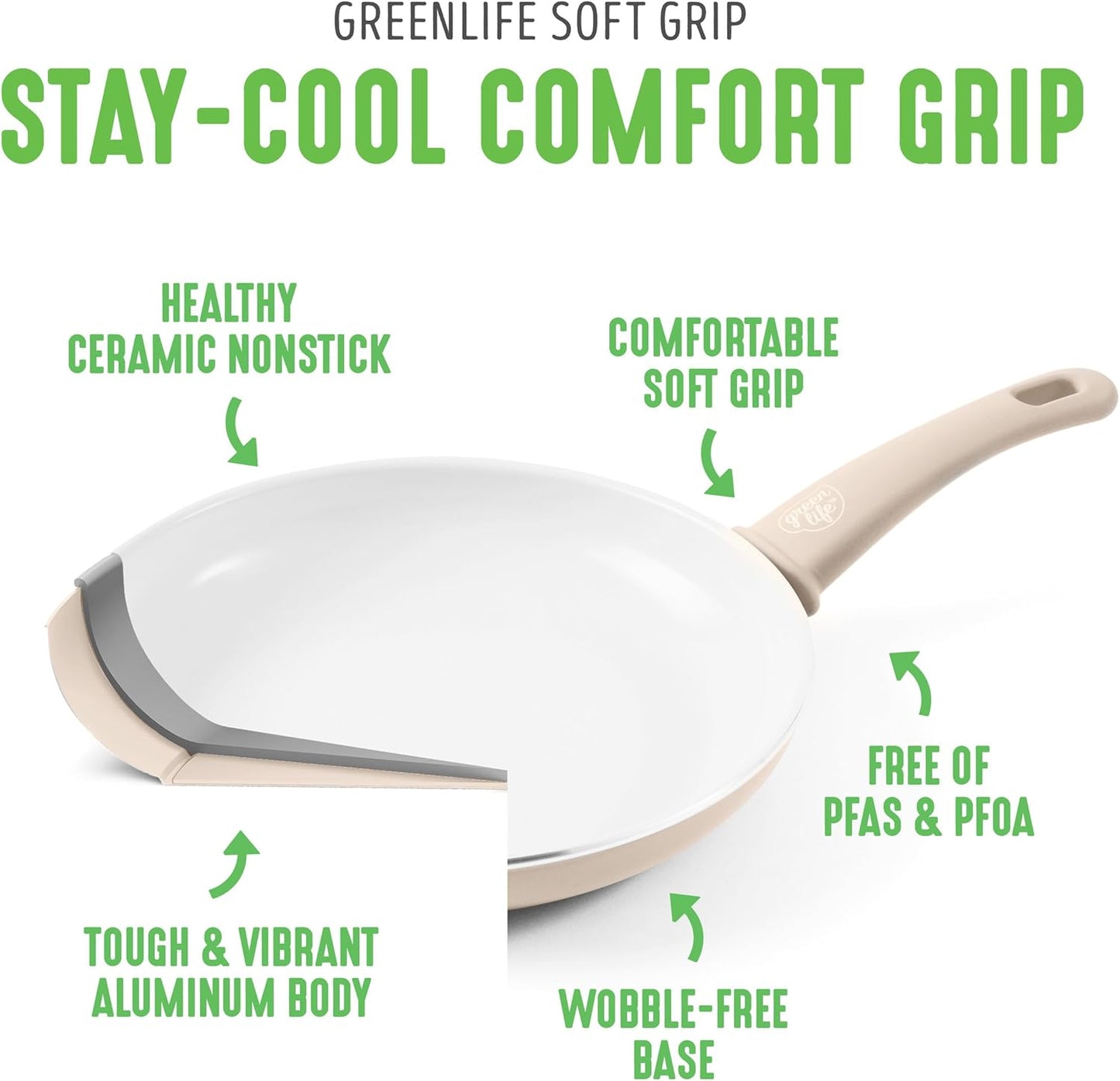 GreenLife 16 Piece Nonstick Cookware Set, Soft Grip Non-Toxic PFAS-Free Ceramic Pots & Pans, Dishwasher & Oven Safe, Frying, Sauce, Saute, Utensils, Glass Lids, Stay-Cool Handles, Wobble Free, Taupe