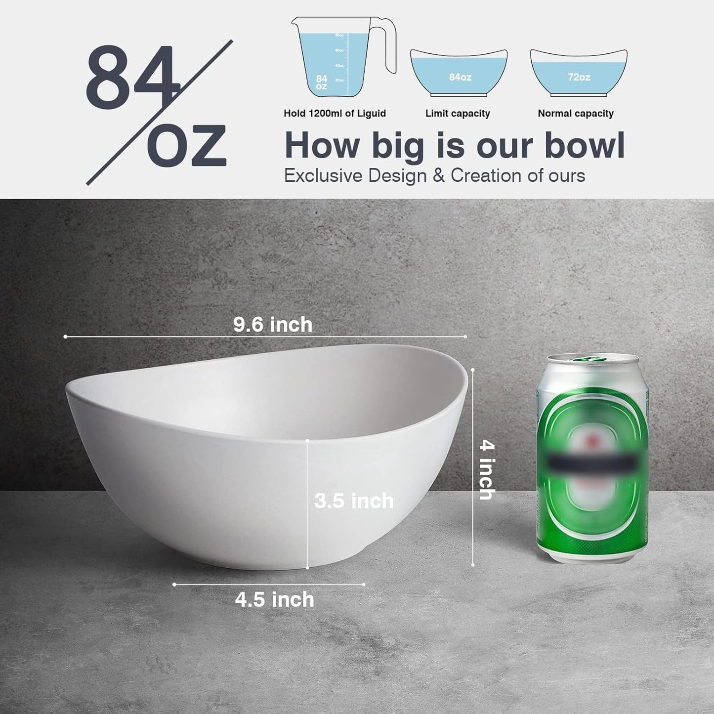 9.6'' Serving Bowls, 84oz Bamboo Fiber Salad Bowl Set of 4, Deep Serving Bowls Set, Large Oval Individual Bowls for Eating Salad/Pasta/Cereal/Pho, Ideal for Home & Restaurant (Matte White)