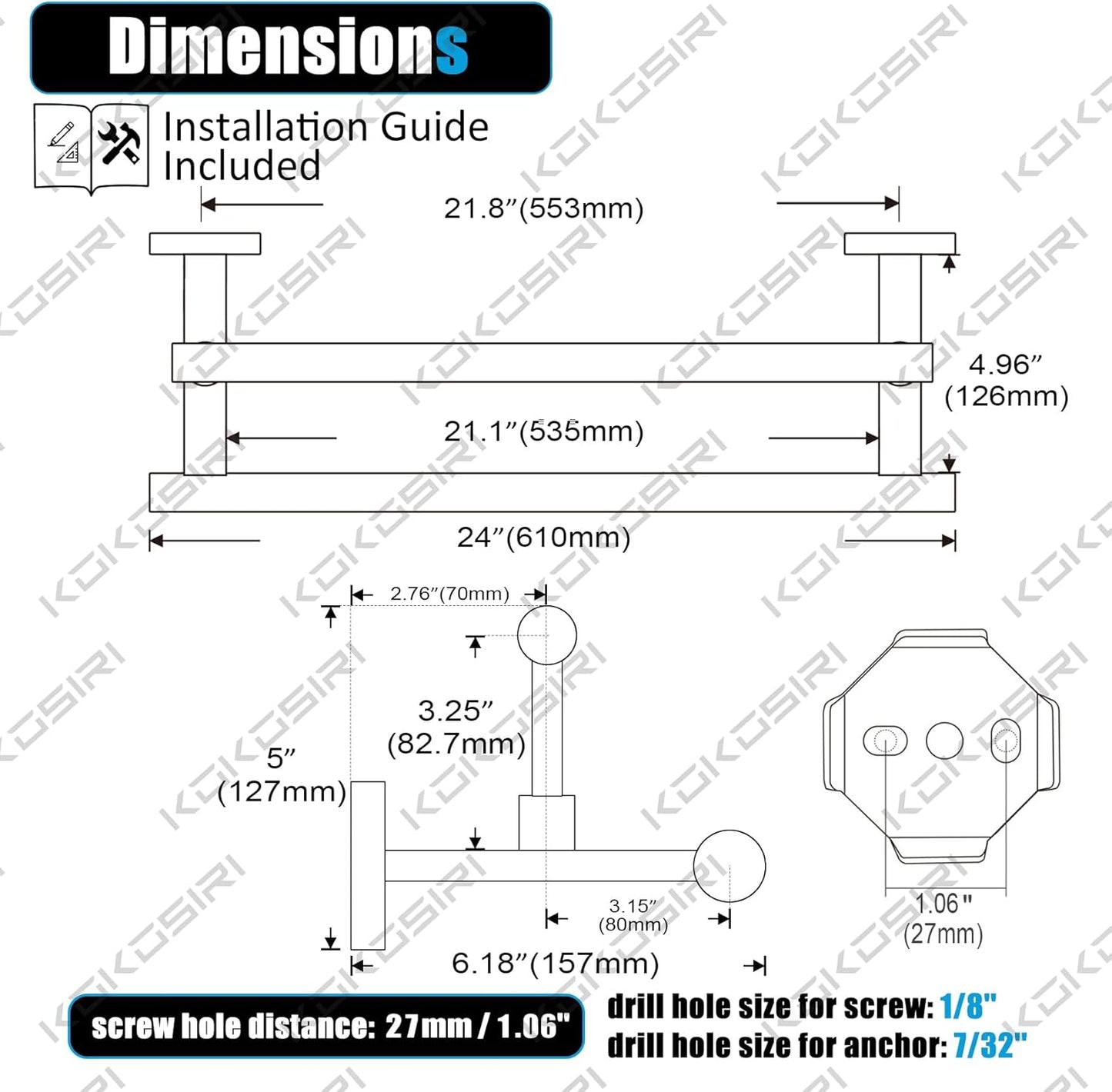 KOKOSIRI Towel Holder 24-Inch Bathroom Double Bath Towel Bars Kitchen Rack Wall Mounted Polished Chrome Stainless Steel B5009CH-L24