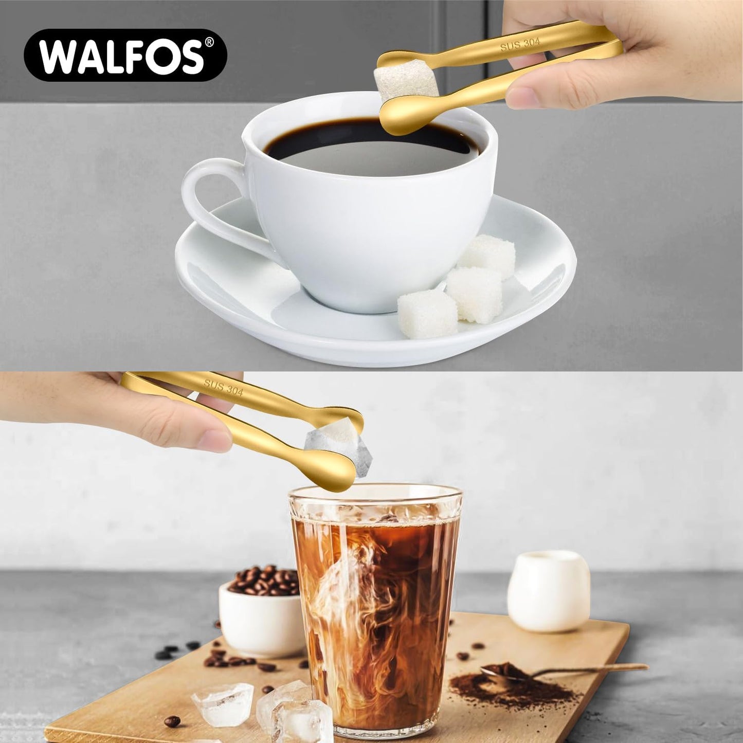 Walfos Small Gold Tongs For Serving,Food Grade Stainless Steel 4" Mini Tongs Appetizers for Parties Catering, Sugar，Desserts，Tea Party, Coffee Bar, Set of 12 （Gold）