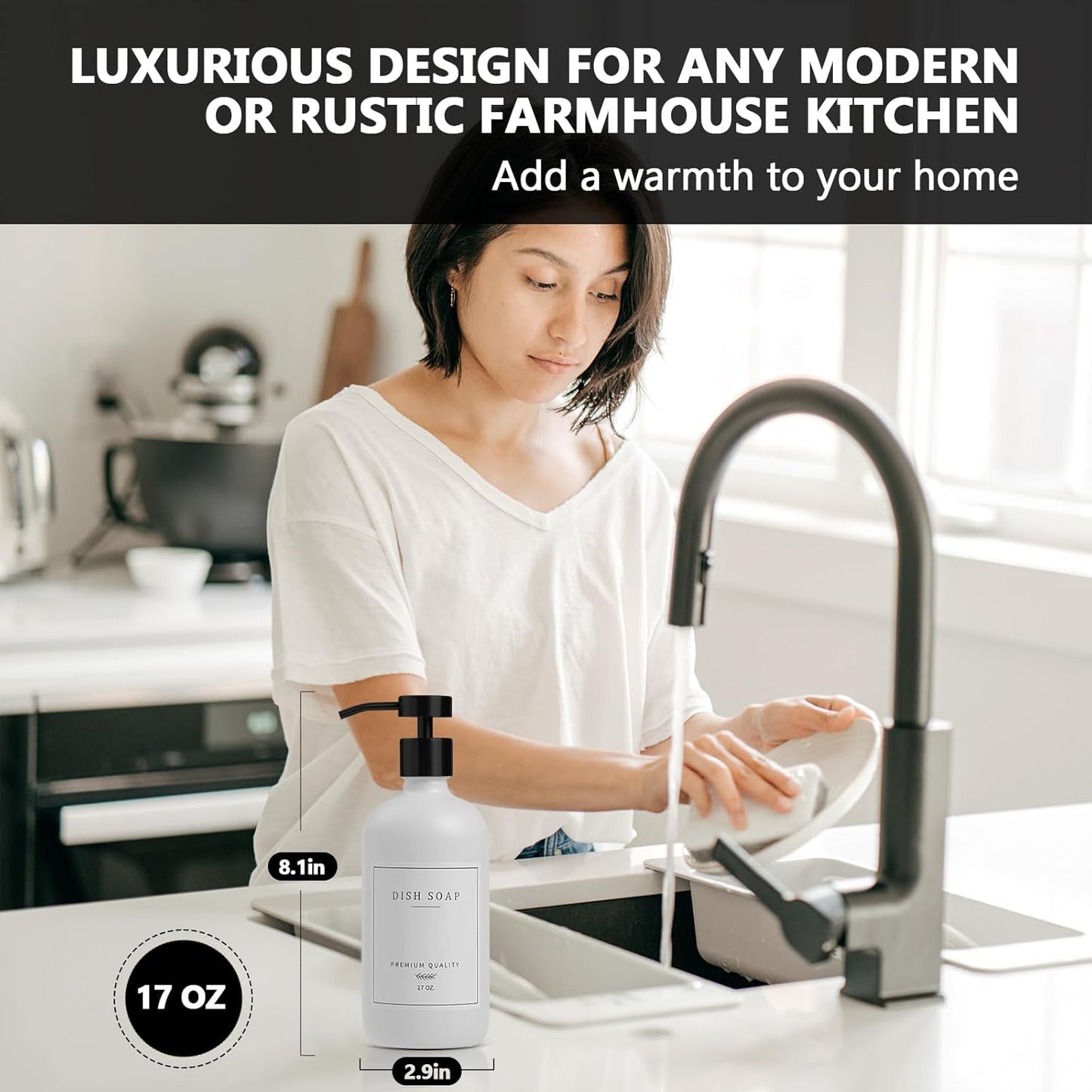 Kitchen Soap Dispenser - Hand and Dish Soap Dispenser Set, Bathroom Glass Soap and Lotion Dispenser with Pump, Tray, 14 Waterproof Labels, Set of 2 White Bottle/Black Pump-pd