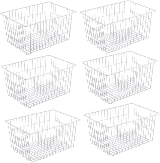 Redrubbit Metal Wire Stroage Baskets, Large Freezer Refrigerator Organizer Bins, Home Office Shelf Freezer Storage, Closets Organization Rack with Handles, Set of 6, White