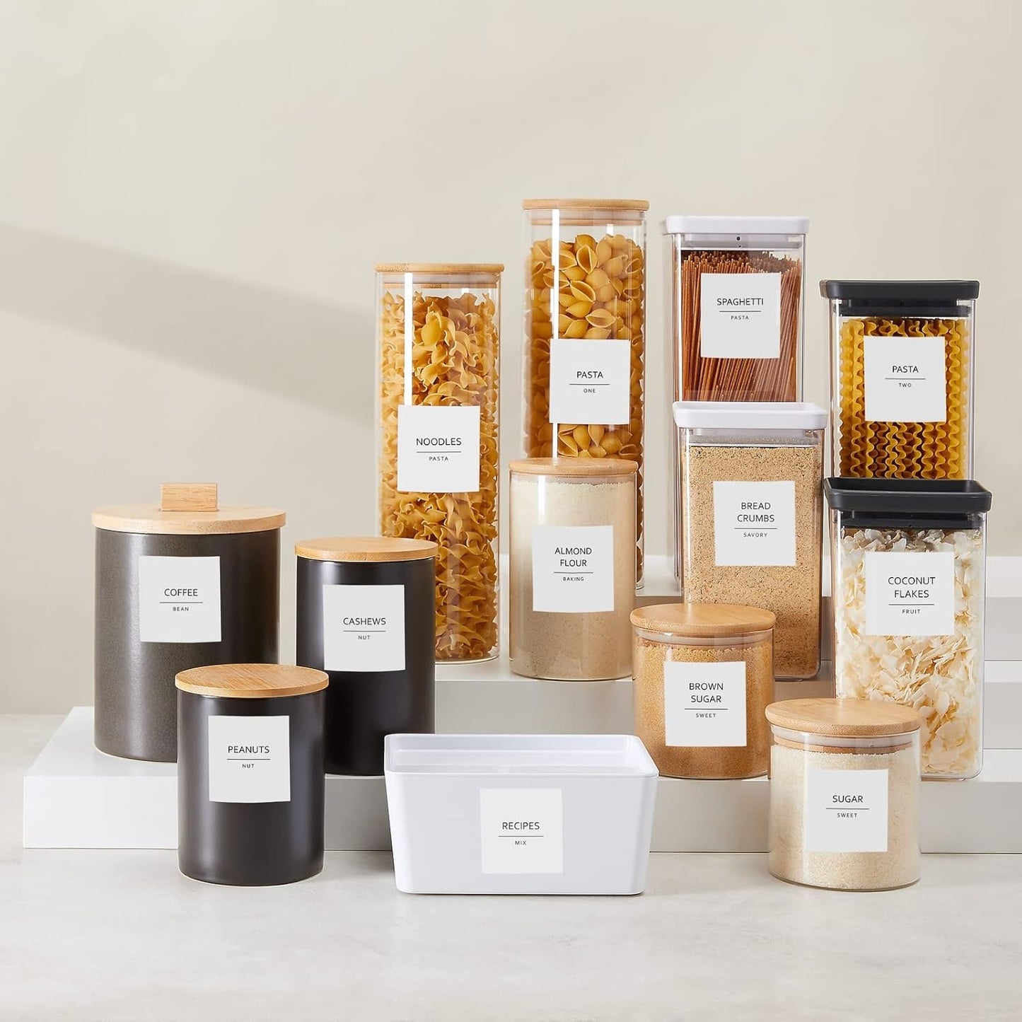 Talented Kitchen 144 Pantry Labels for Containers, Food Storage - Preprinted Black All-Caps on Matte White Vinyl Stickers for Minimalist Style Kitchen (Water Resistant)