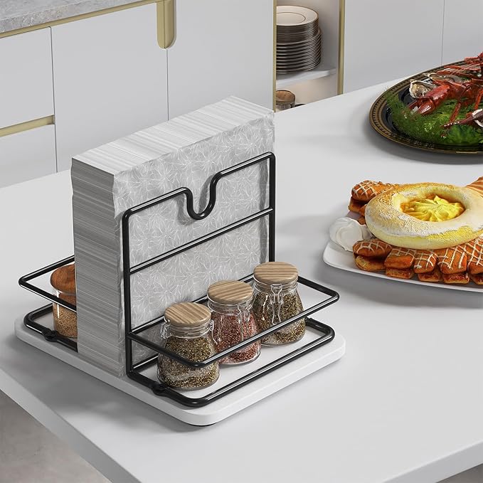 Napkin Holder for Table, 2 IN 1 Napkin Holders That Can Hold Salt Jar and Pepper Jar, Napkin Dispenser, Modern Dining Table Decor, Metal Racks and Wooden Bases, White
