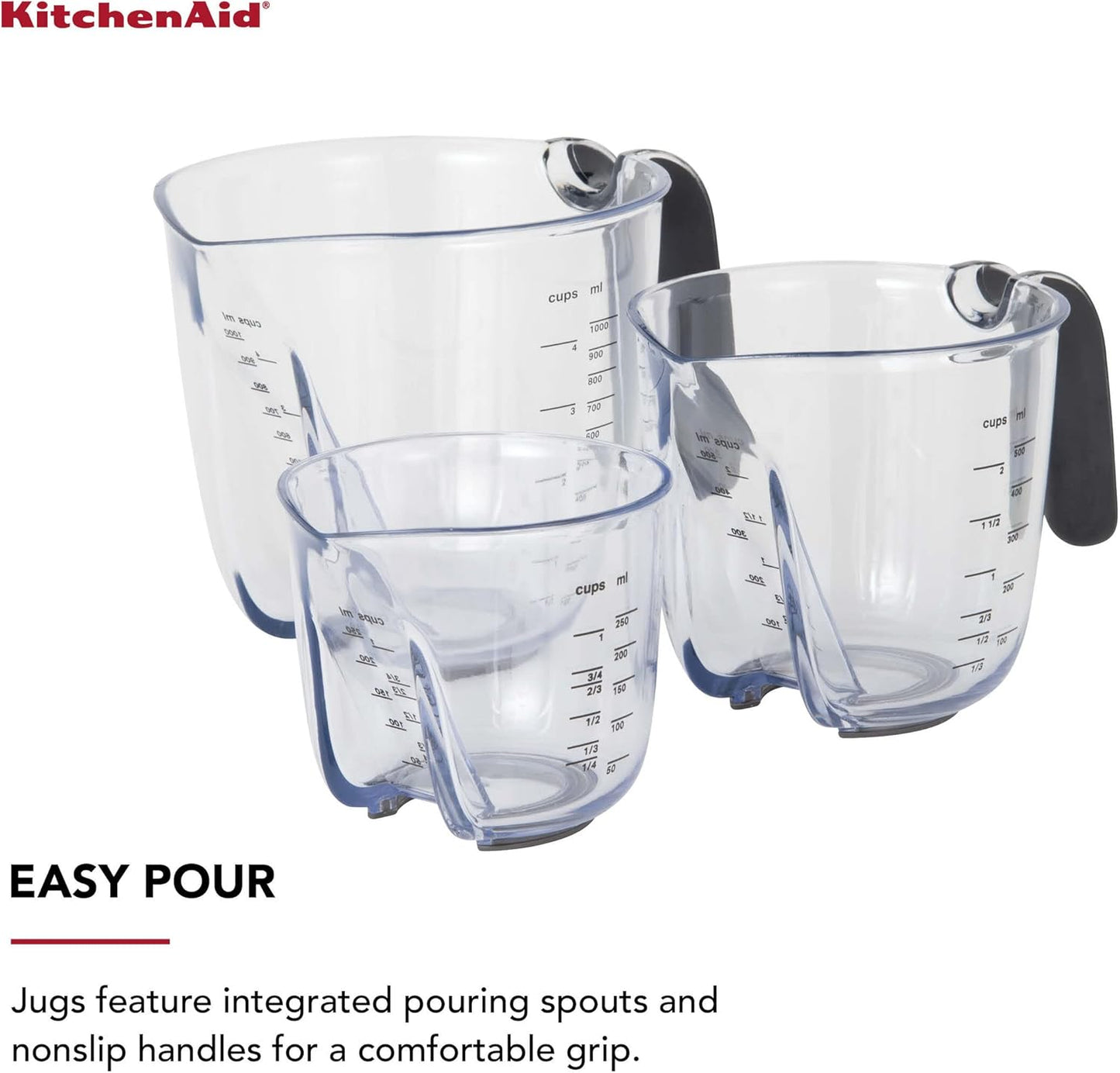 KitchenAid Universal Easy View Angled Measuring Cups, Set Of 3, Clear with Black Handles