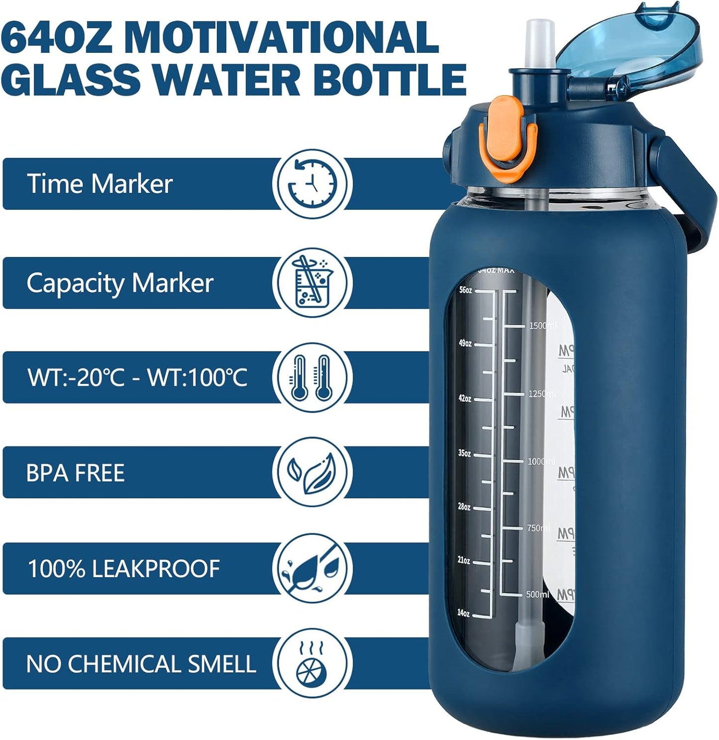 kytffu 64oz Glass Water Bottles with Straw, Half Gallon Motivational Glass Bottle with Silicone Sleeve and Time Marker, 2L Leakproof Large Glass Water Jug for Gym Home Office,Blue