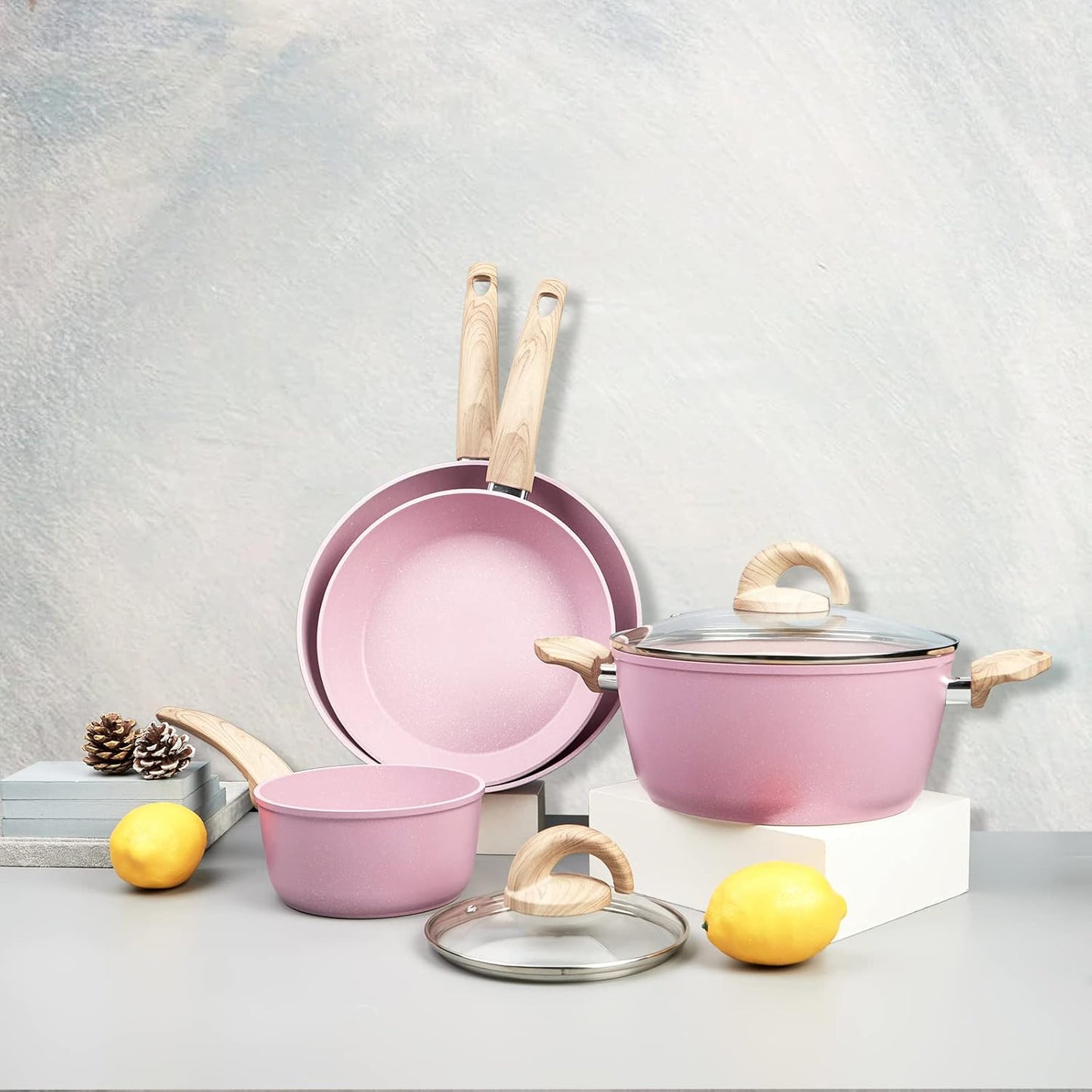 Pink Pots and Pans Set Non Stick, Ceramic Cookware Set with Granite Pattern Kitchen Cooking Sets Induction Pot and Pan w/Frying Pans, Saucepans, Casserole, Non-Toxic, PTFE/PFOA/PFOS-Free
