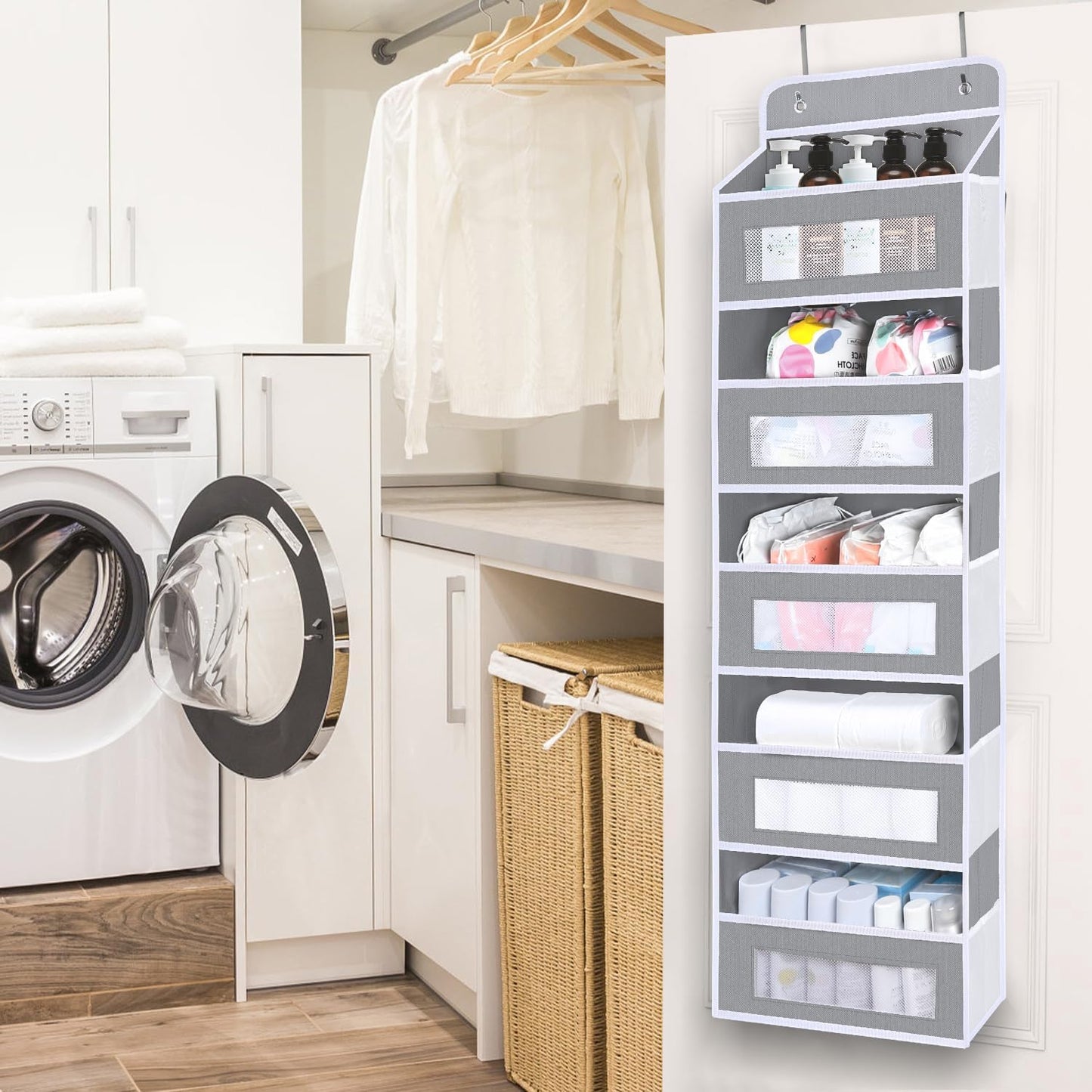 Over The Door Organizer Storage, 5 Shelf Hanging Door Organizer with 10 Large Capacity Pockets, Anti Tilt 44 lb Load Behind Door Storage for Bedroom, Bathroom, Pantry, Nursery, (Grey)