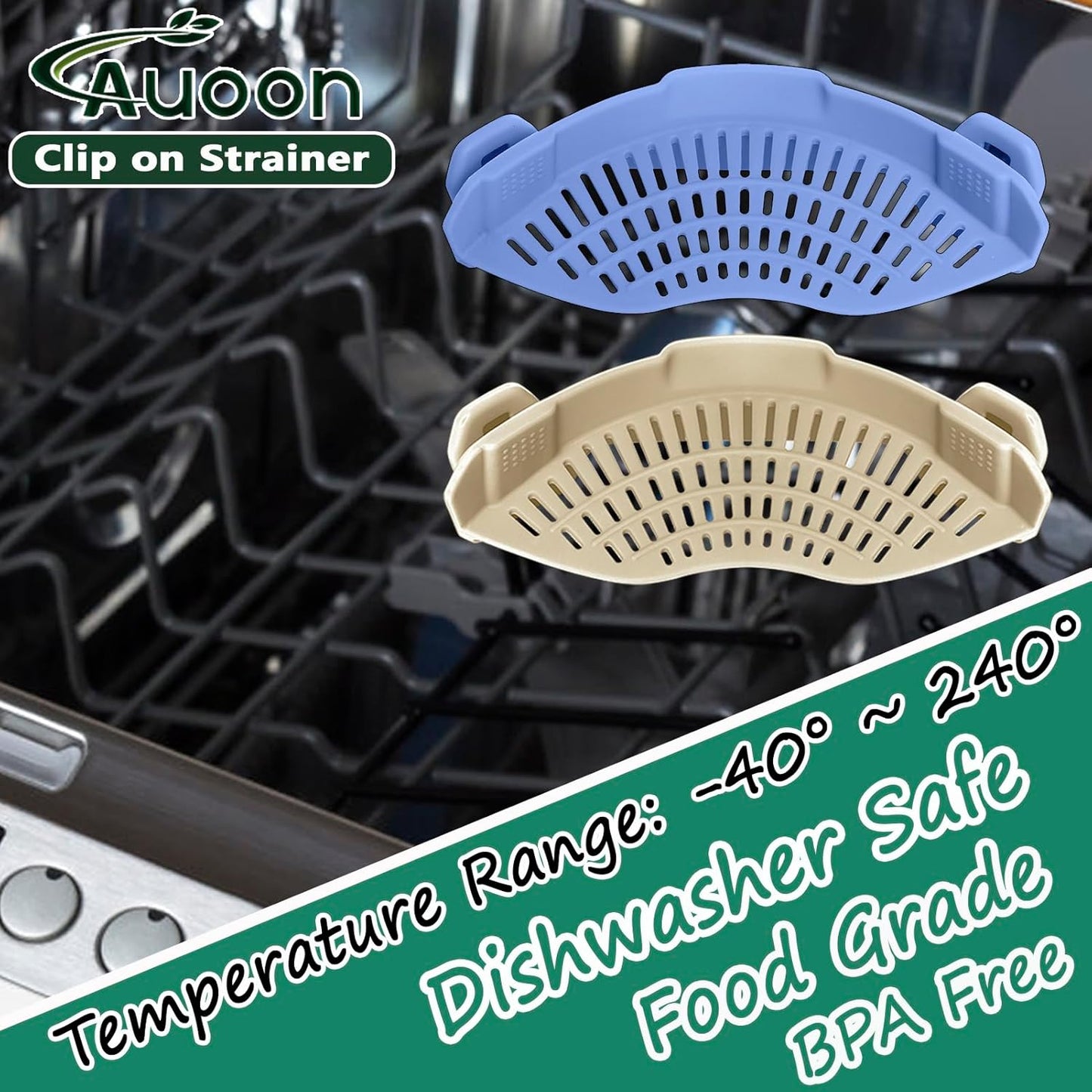 AUOON Clip on Strainer for Pots and Pans - Silicone Food Strainer for Draining Pasta, Spaghetti, Noodles, Fruits, Vegetables, Grease, Ground Beef (Blue Velvet)